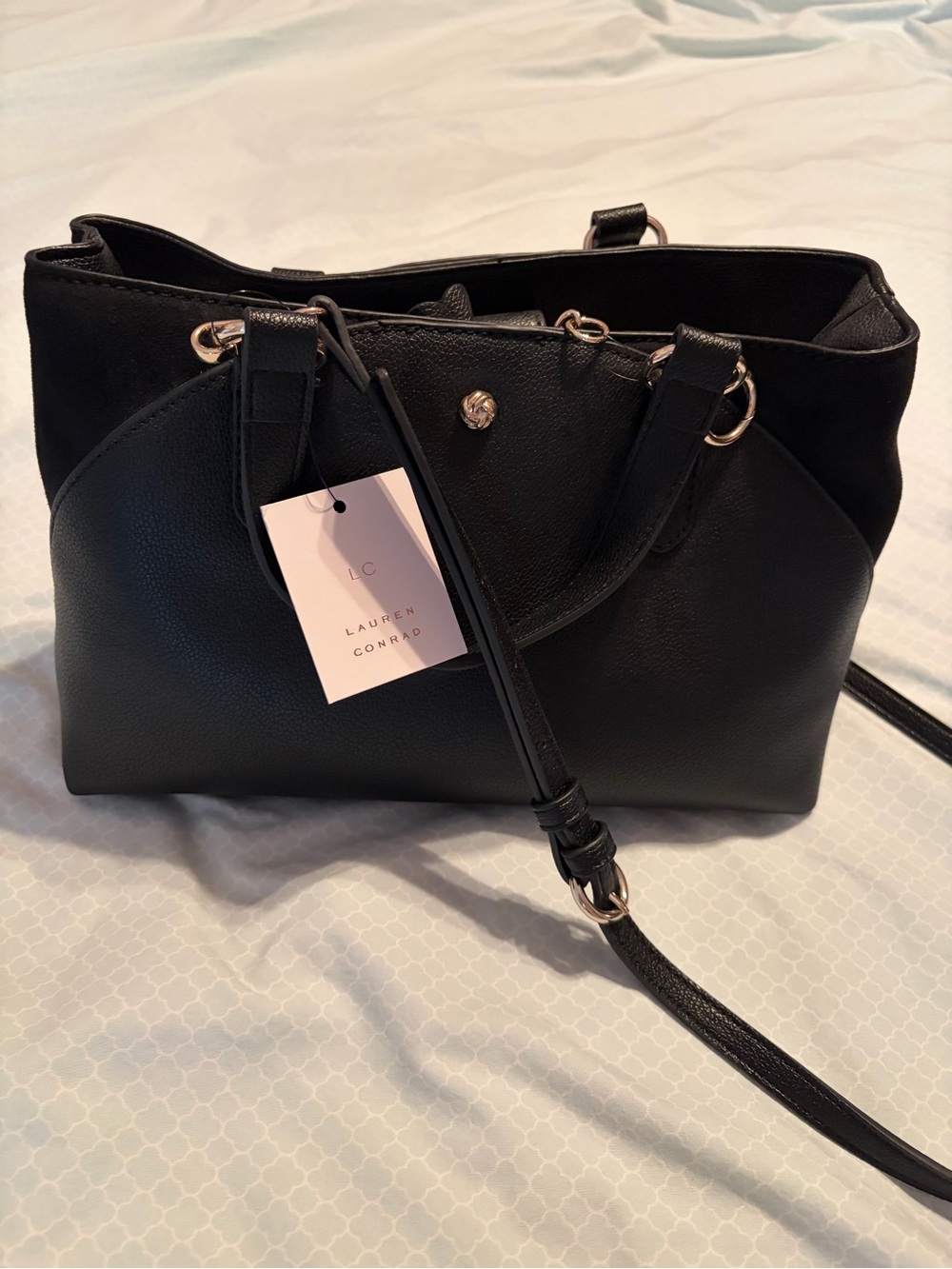 NWT LC Lauren Conrad Black Pebbled Leather Shoulder Bag with Gold Hardware